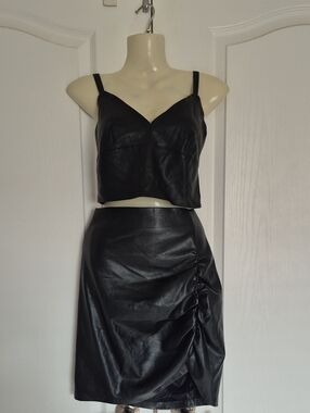 Zara Black Faux Leather Ruched Mini Skirt With Crop Top